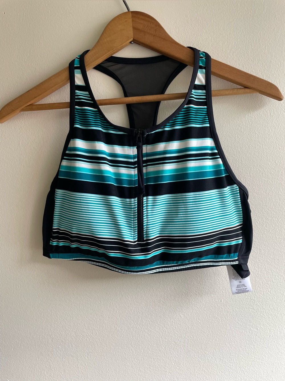 Beach House Sport Zip Front Racerback Swim Top Size 12 Striped